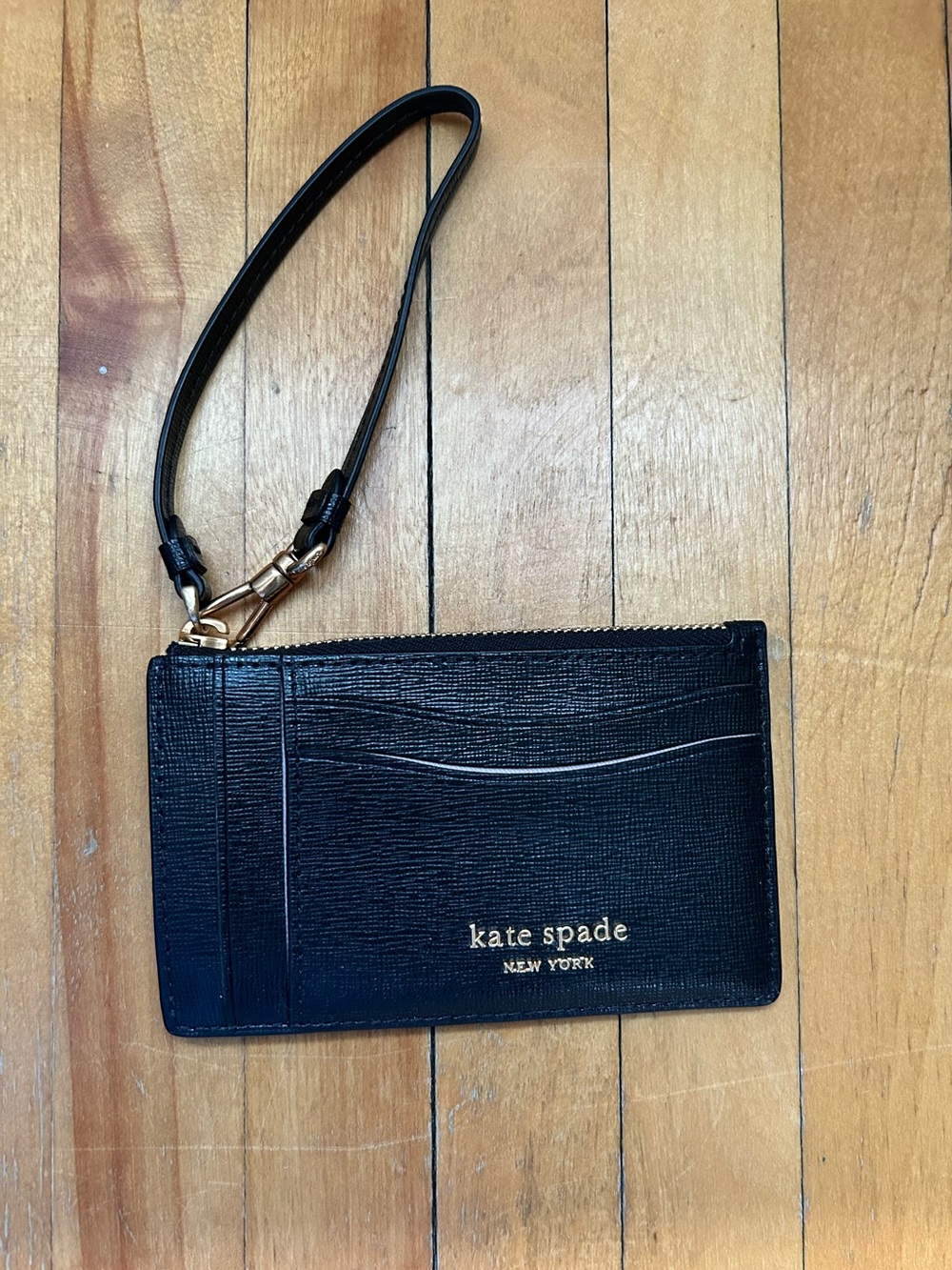 kate spade Black Saffiano Leather Wristlet Card Case with Gold Hardware